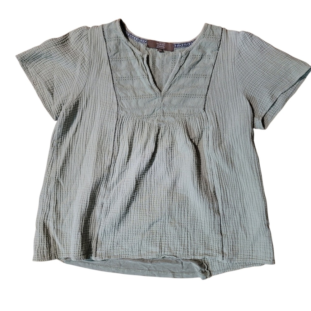 Berkley Jensen Womens XL Sage Green Gauze Eyelet Embroidered Short Sleeve Blouse